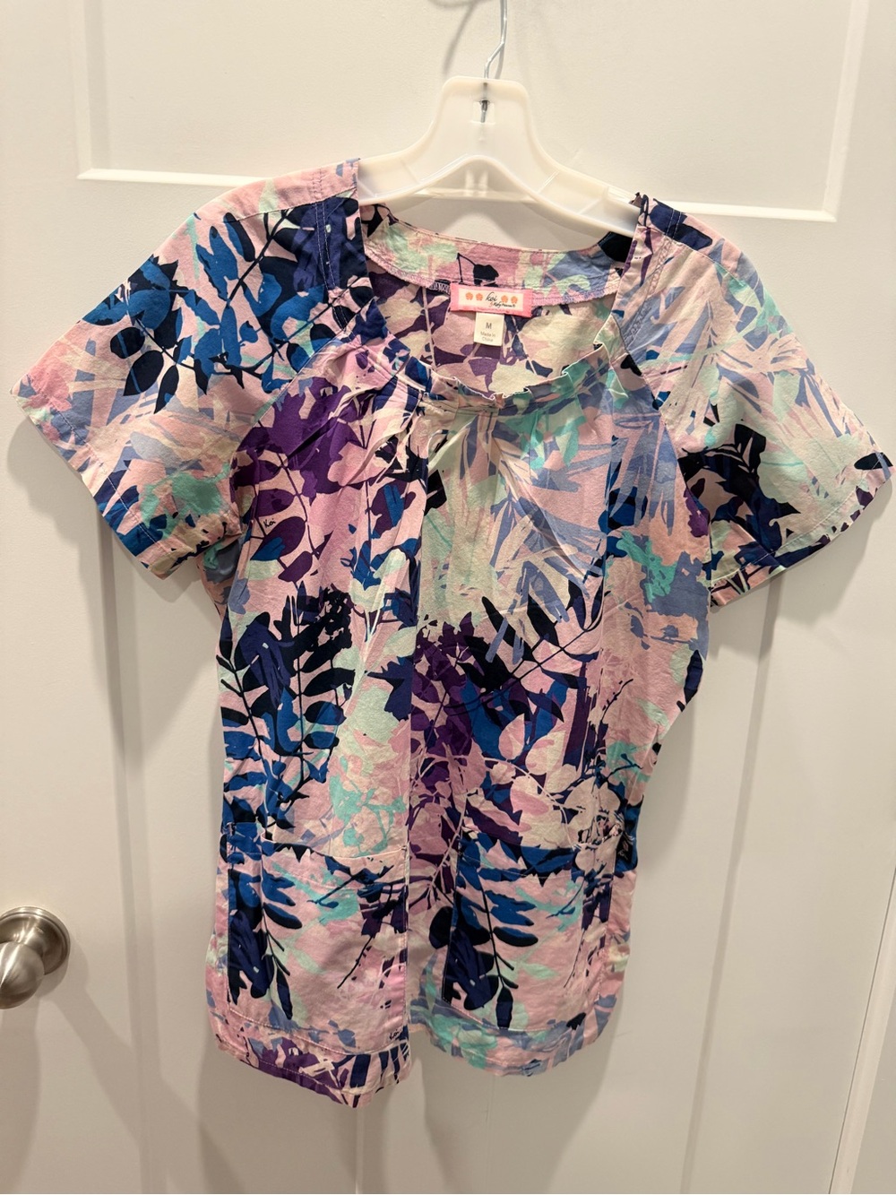 Koi by Kathy Peterson Medium Floral Cotton Medical Scrub Top Pink Blue